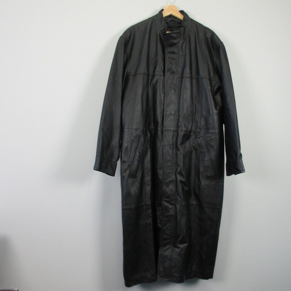 Charles Klein Genuine Leather Trench Coat Men XL Black Full Length Gothic 2320 - Picture 1 of 16